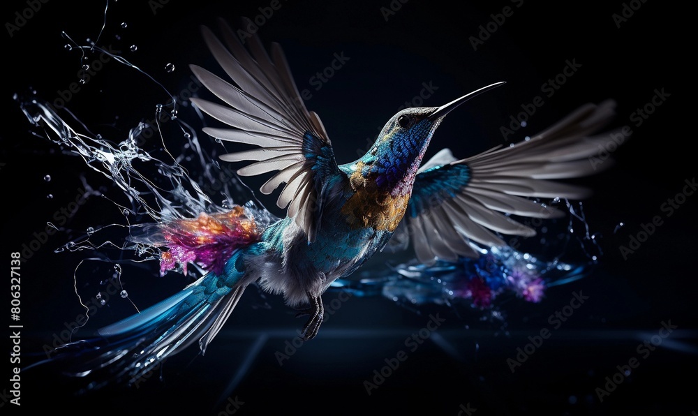 Stunning hummingbird is captured in midflight with a vibrant splash of water, showcasing its iridescent feathers and delicate wings against a dark, contrasting background