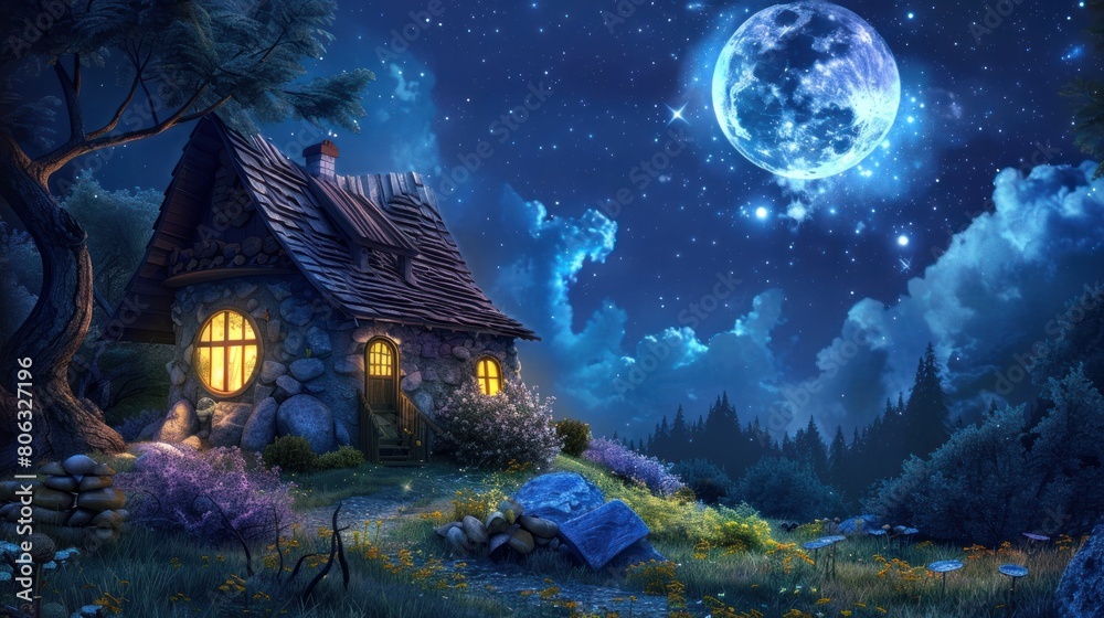 Obraz premium cartoon illustration of a view of a remote house at night. AI generated