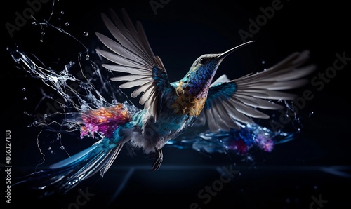 Stunning hummingbird is captured in midflight with a vibrant splash of water, showcasing its iridescent feathers and delicate wings against a dark, contrasting background photo