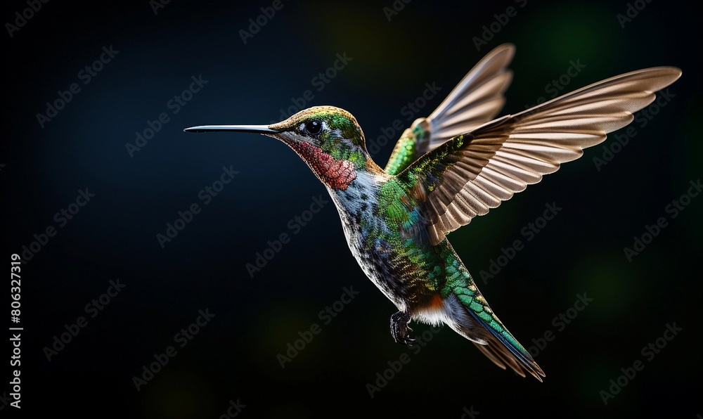 Fototapeta premium Vibrant hummingbird with shimmering feathers hovers in midair, showcasing its delicate wings against a dark, blurred background, highlighting the bird's exquisite colors and agile flight