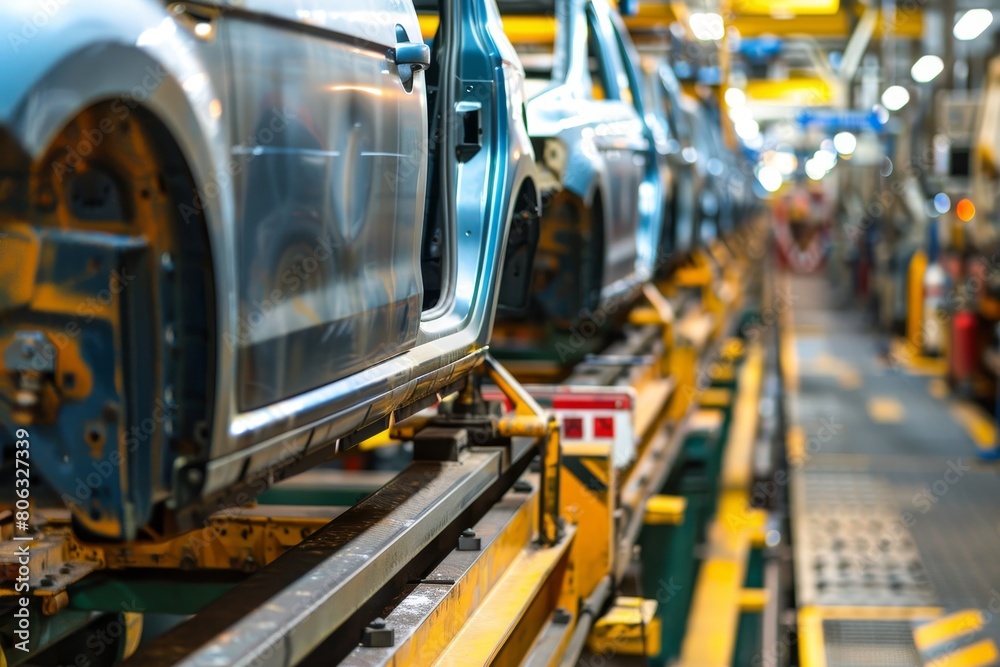 Streamlined production line of modern automobiles in a bustling manufacturing facility Streamlined production line of modern automobiles in a bustling manufacturing facility