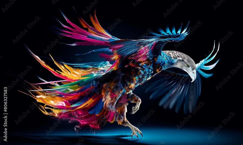 Obraz premium A soaring eagle with a vibrant burst of feathers, representing artistic expression and liberation