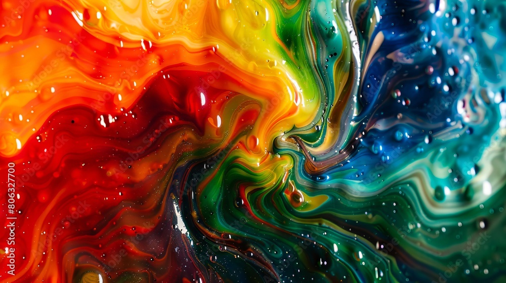 A colorful liquid with drops of water.