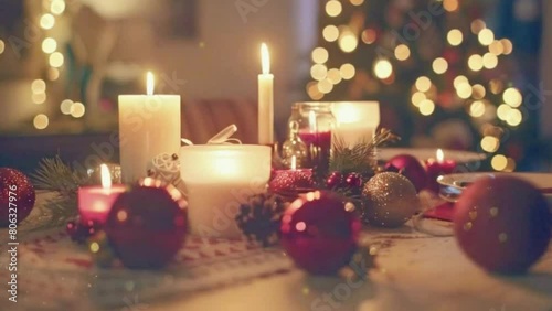 Christmas lights twinkling in the night, dinner table with candles and ornaments, Vintage cards, synchronized music, Christmas holiday background 4k High-Quality animation video photo