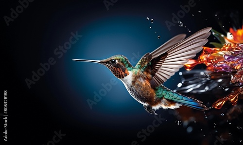 Vibrant hummingbird with iridescent feathers is captured in stunning detail midflight, with water droplets creating a dramatic backlight effect against a dark, blurred background photo