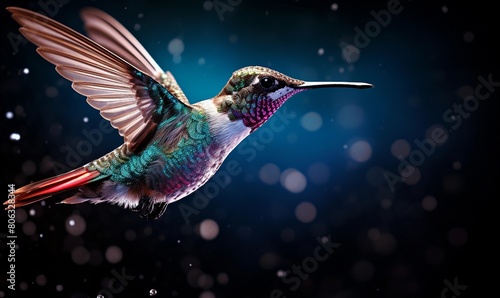Vibrant hummingbird with iridescent feathers hovers midflight against a dark, bokeh background, its wings gracefully extended and beak poised, encapsulating the essence of nature's airborne beauty © Synesthesia AI Stock