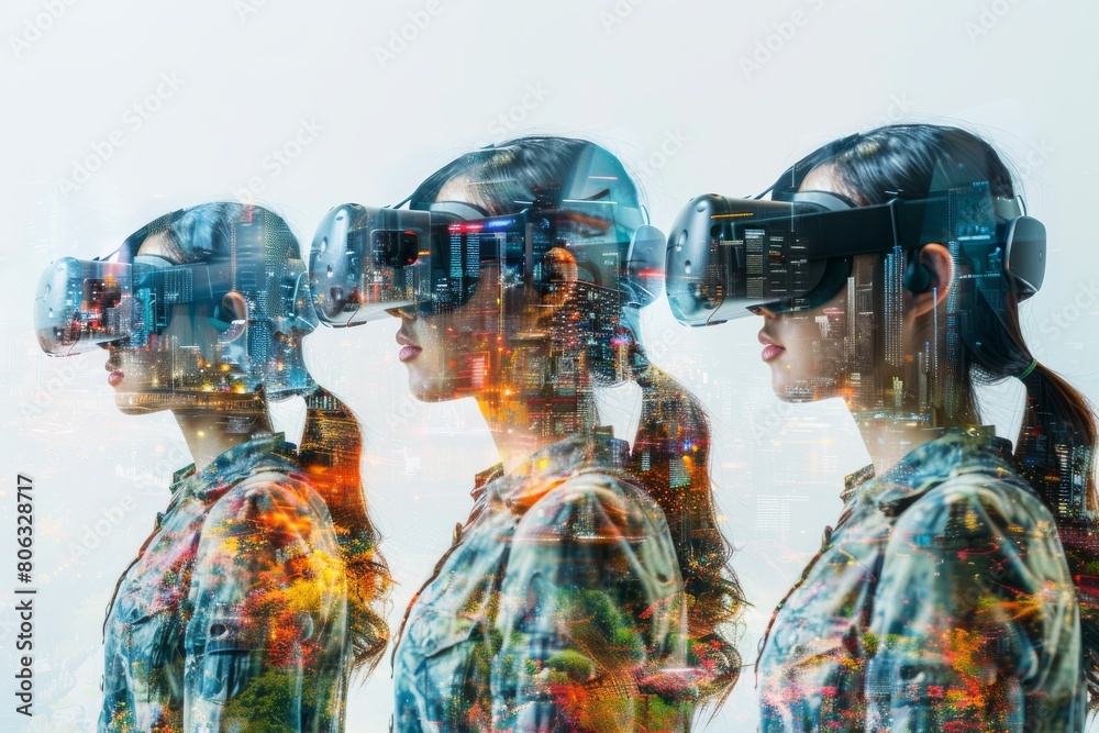 The image shows three young women wearing virtual reality headsets