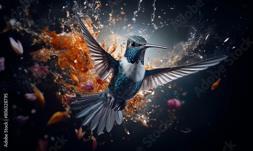 Captivating hummingbird hovers midair against a dark background, wings spread wide, surrounded by a stunning splash of water and floating floral petals in a moment of natural elegance and vitality