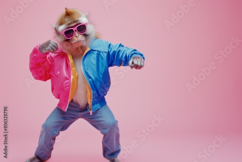 monkey dressed in 80s style clothes and dancing on pink background