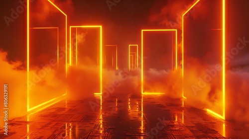 3d neon orange background in fog.