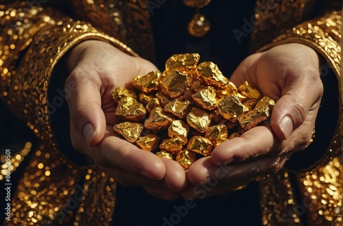 A person wearing a gold suit is holding a pile of gold nuggets in their hands. photo