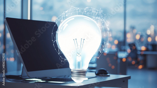 Computer on desktop in office with bulb icon hologram