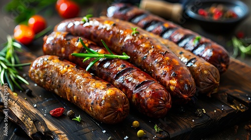 A plate of sausages with herbs and tomatoes. photo