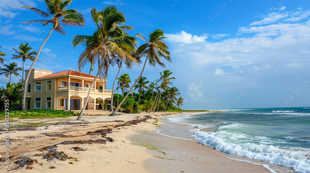 Obraz premium A luxurious beachfront villa with palm trees swaying in the breeze and the sound of waves crashing nearby