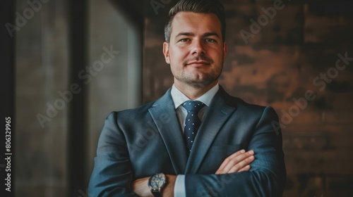 Confident businessman in suit with arms crossed, exuding professionalism photo