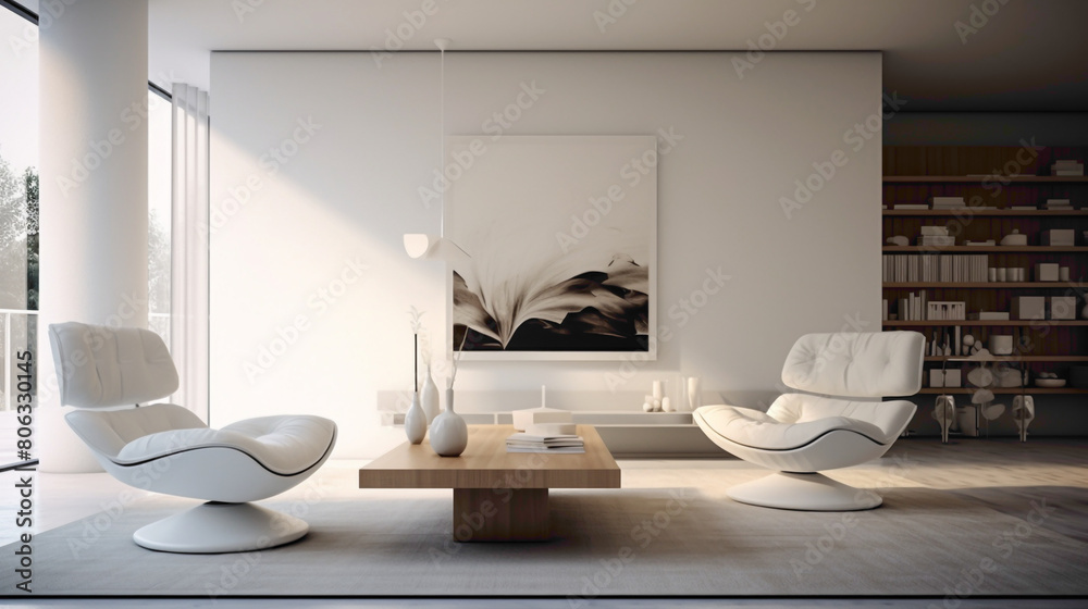 Fototapeta premium A minimalist living space adorned with a sleek white chr and table, creating an atmosphere of modern elegance