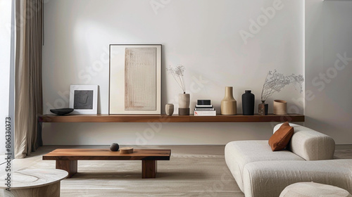 A minimalist living space featuring a striking wood floating shelf, showcasing art pieces and books agnst a neutral backdrop photo