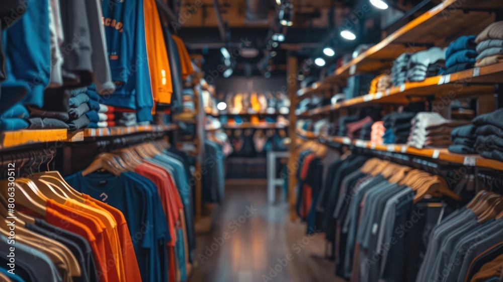 A selective focus shot of the interior of a modern retail clothing store with hanging and displayed garments A selective focus shot of the interior of a modern retail clothing store with hanging and displayed garments