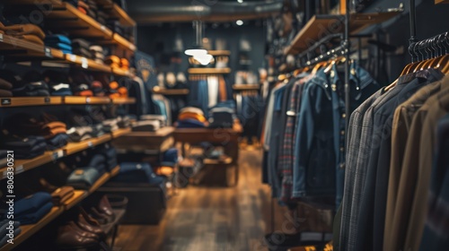 Luxurious interior of a men's clothing store with various apparel neatly displayed on racks and shelves