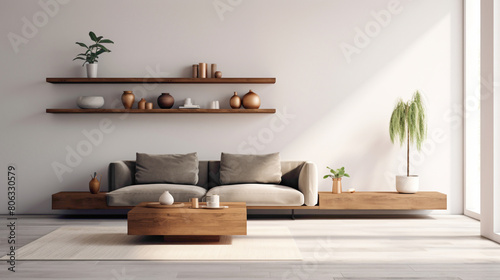 A minimalist yet sophisticated living room, featuring a wood floating shelf perfectly integrated into the wall, adding both functionality and style to the space photo
