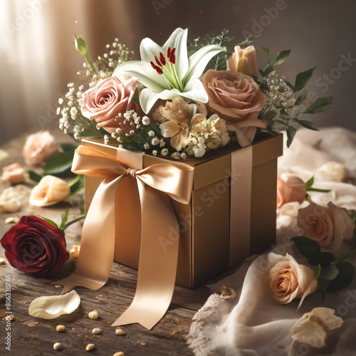 A golden gift box decorated with flowers and a ribbon placed on a wooden table