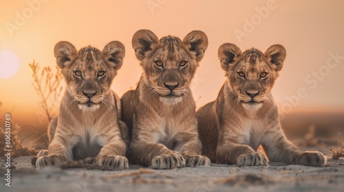 A family of lion cubs, three young lions sitting together. Generate AI image © Ashalina