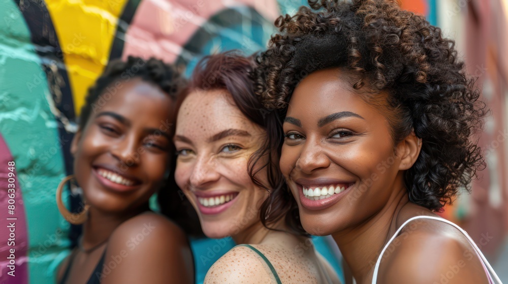Trio of joyful women friends hugging and smiling in an urban setting with graffiti wall Trio of joyful women friends hugging and smiling in an urban setting with graffiti wall