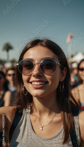 Prompt: ultra high-definition photo of a high profile Instagram influencer, female, 20-25 years old, in the style of viral social media photos, photorealistic, posing at a music festival, excited and 