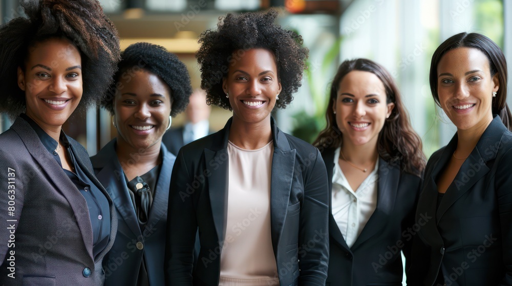 Five diverse professional women posing together in a bright office setting, exuding confidence and teamwork Five diverse professional women posing together in a bright office setting, exuding confidence and teamwork