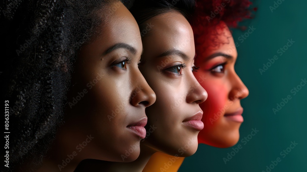 Artistic profile shot of three women with varying skin tones showcasing diversity and beauty Artistic profile shot of three women with varying skin tones showcasing diversity and beauty