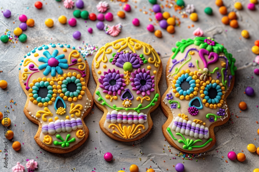 Artistic sugar cookies decorated as bright and colorful calaveras for the Day of the Dead.
