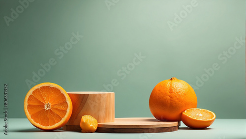 Empty wooden round podium with a background of orange slices 