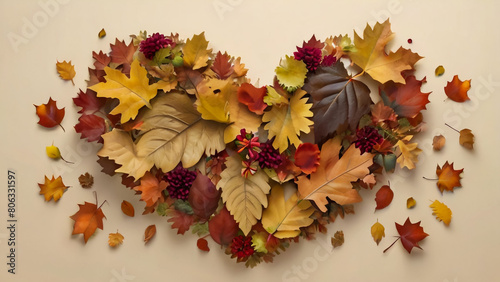 Dried autumn flowers on colorful leaves 