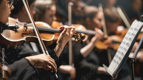 A symphony orchestra performing on stage, composed of musicians with different instruments and backgrounds, exemplifies diversity in music.  photo