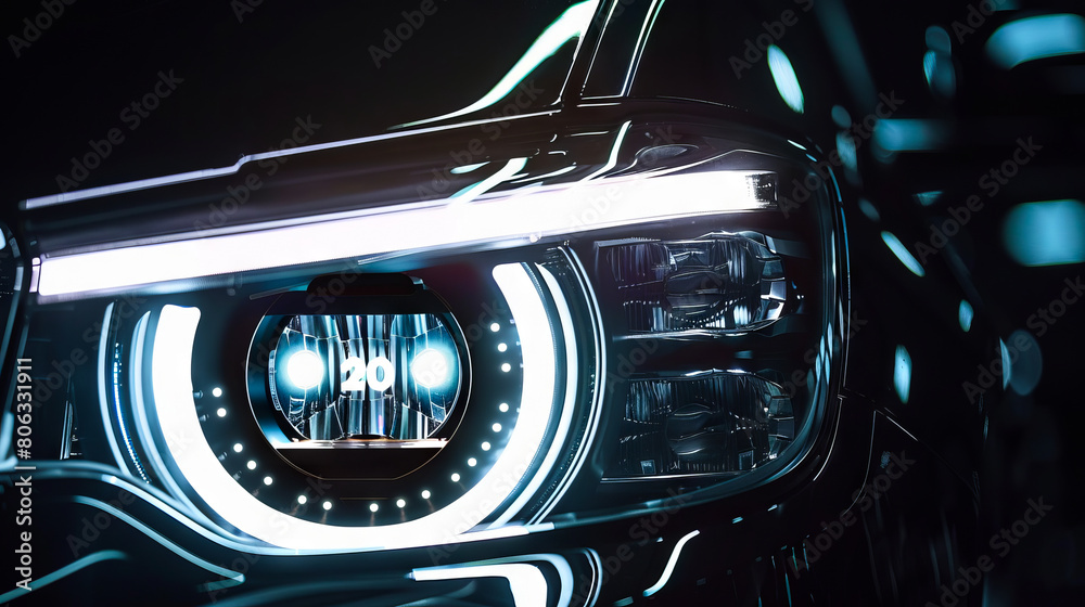 The headlights of a car are lit up in the dark. The headlights of a car are lit up in the dark.