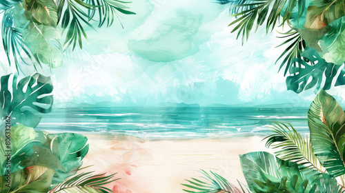 A Serene Watercolor Painting of Palm Trees Swaying in the Breeze by the Seaside