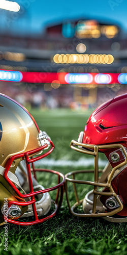 American Football Rugbyhelm Nahaufnahme in gold auf dem Spielfeld mit Lichter Bokeh als Poster, ai generativ