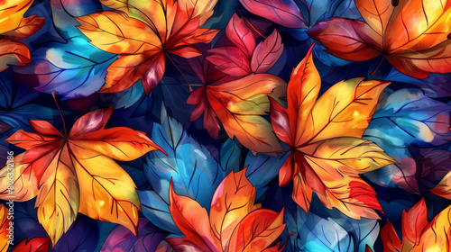 Colorful Mix of Red  Orange  Blue  Yellow  and Brown Leaves Creating a Vibrant Background
