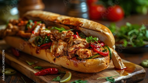 Spicy chicken sandwich served in a sub roll with bright vegetables and a flavorful sauce photo