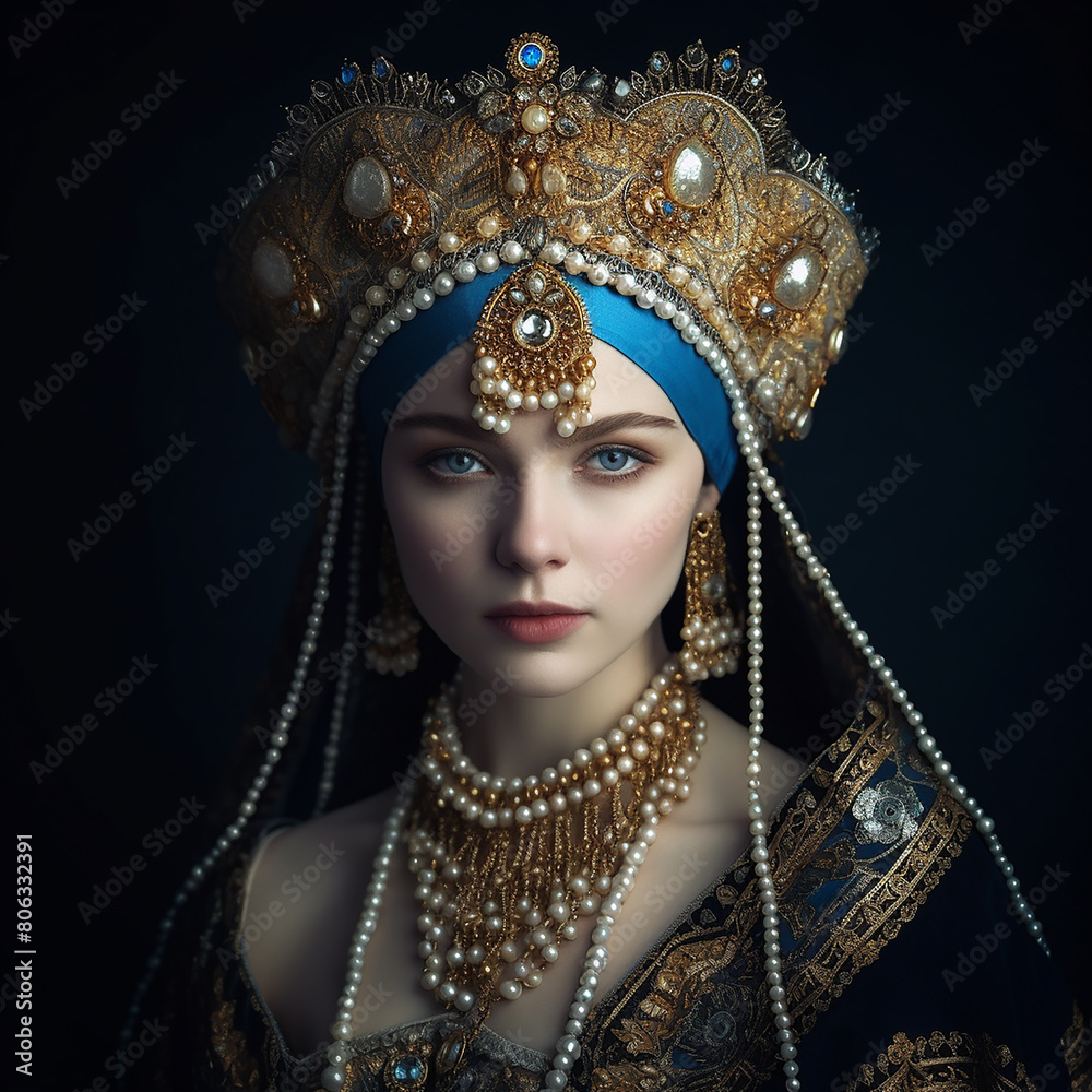 a princess in a traditional dress  gold crown in head