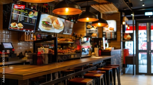 Modern and stylish fast food restaurant interior that invites customers into a comfortable and trendy dining experience photo