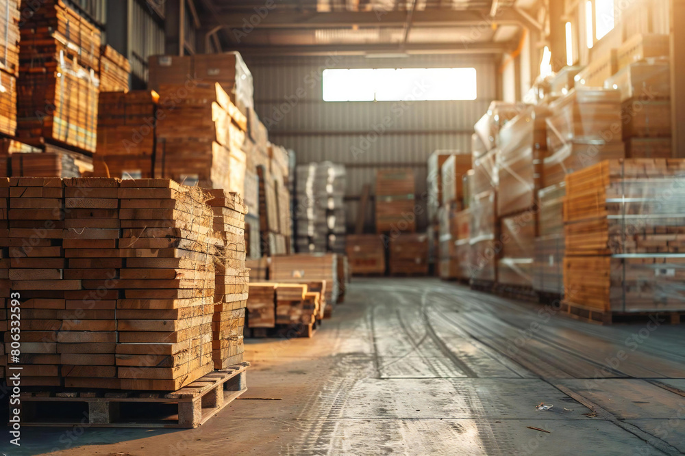 Wooden Boards Stacked and Ready for Shipment in Warehouse Wooden Boards Stacked and Ready for Shipment in Warehouse