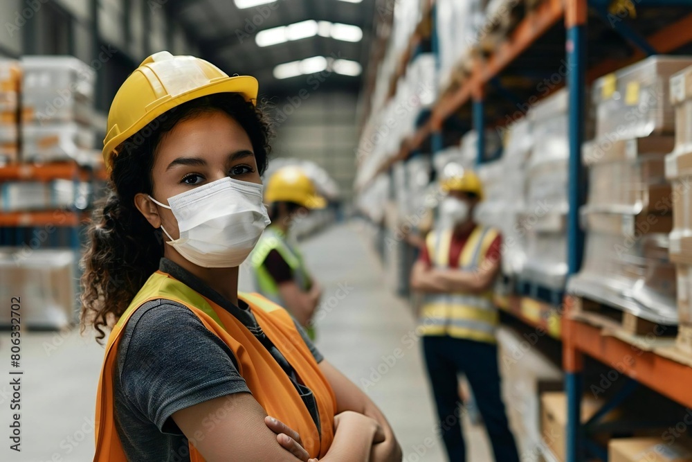 Team of Warehouse Workers in Safety Masks Efficiently Organizing Inventory Team of Warehouse Workers in Safety Masks Efficiently Organizing Inventory