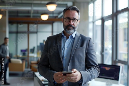 Tech-Savvy Businessman in Modern Office Keeping Connected with Mobile Technology