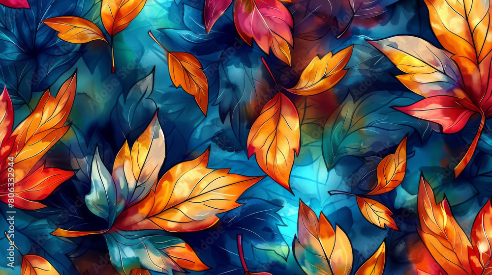 A Mix of Colorful Autumn Leaves in Red, Orange, Blue, Yellow, and Brown Adorning the Background A Mix of Colorful Autumn Leaves in Red, Orange, Blue, Yellow, and Brown Adorning the Background