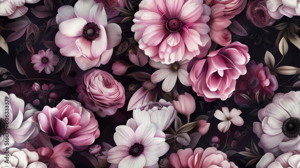Diverse Pink Flowers Adorn Dramatic Dark Background with Botanical Splendor