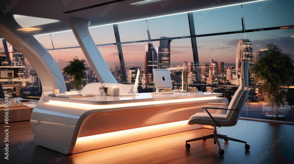 Fototapeta premium A modern office space with a sleek white desk chr and matching table, illuminated by the soft glow of overhead lighting, creating a conducive environment for productivity