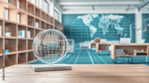 Interactive model of a rotating globe with touchsensitive features, set in a modern classroom environment photo