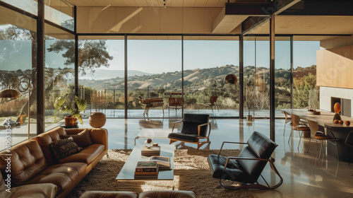 A modernist villa with floor-to-ceiling windows, set agnst a backdrop of rolling hills photo