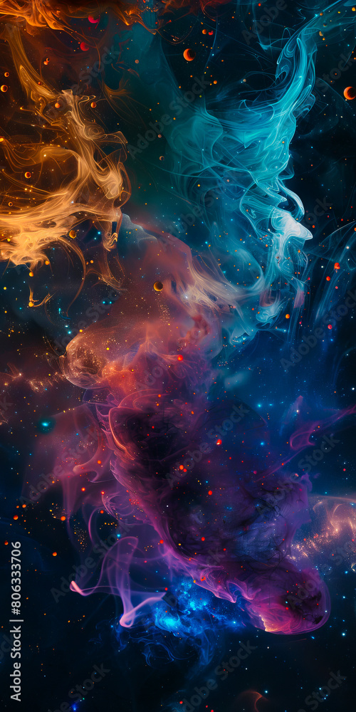 A colorful space with smoke and stars.